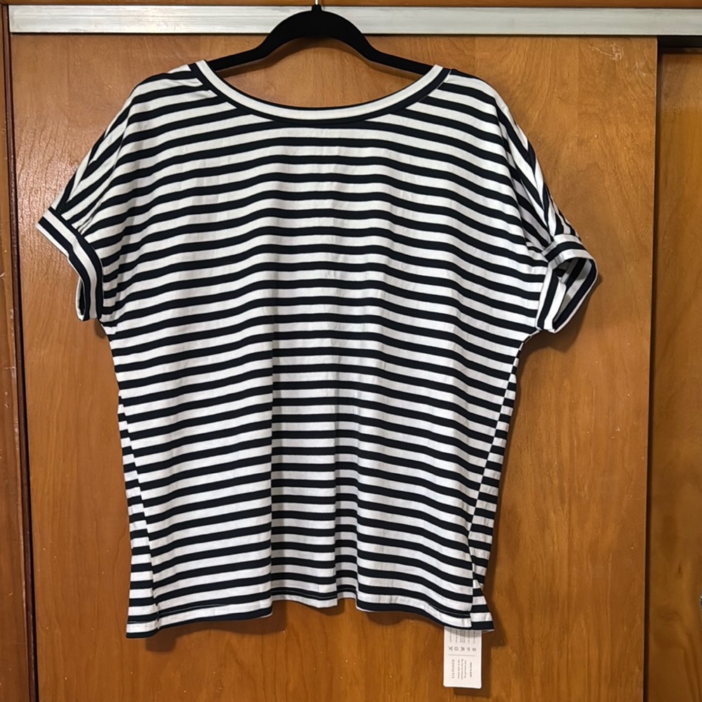 Navy and White Striped Women's Short Sleeve Top